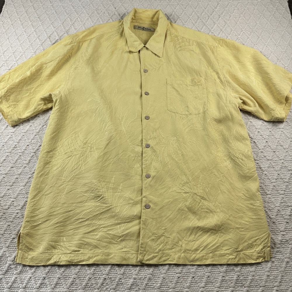 Tommy Bahama Mens Yellow Palm Leaf Jacquard Silk Blend Camp Shirt Size XL